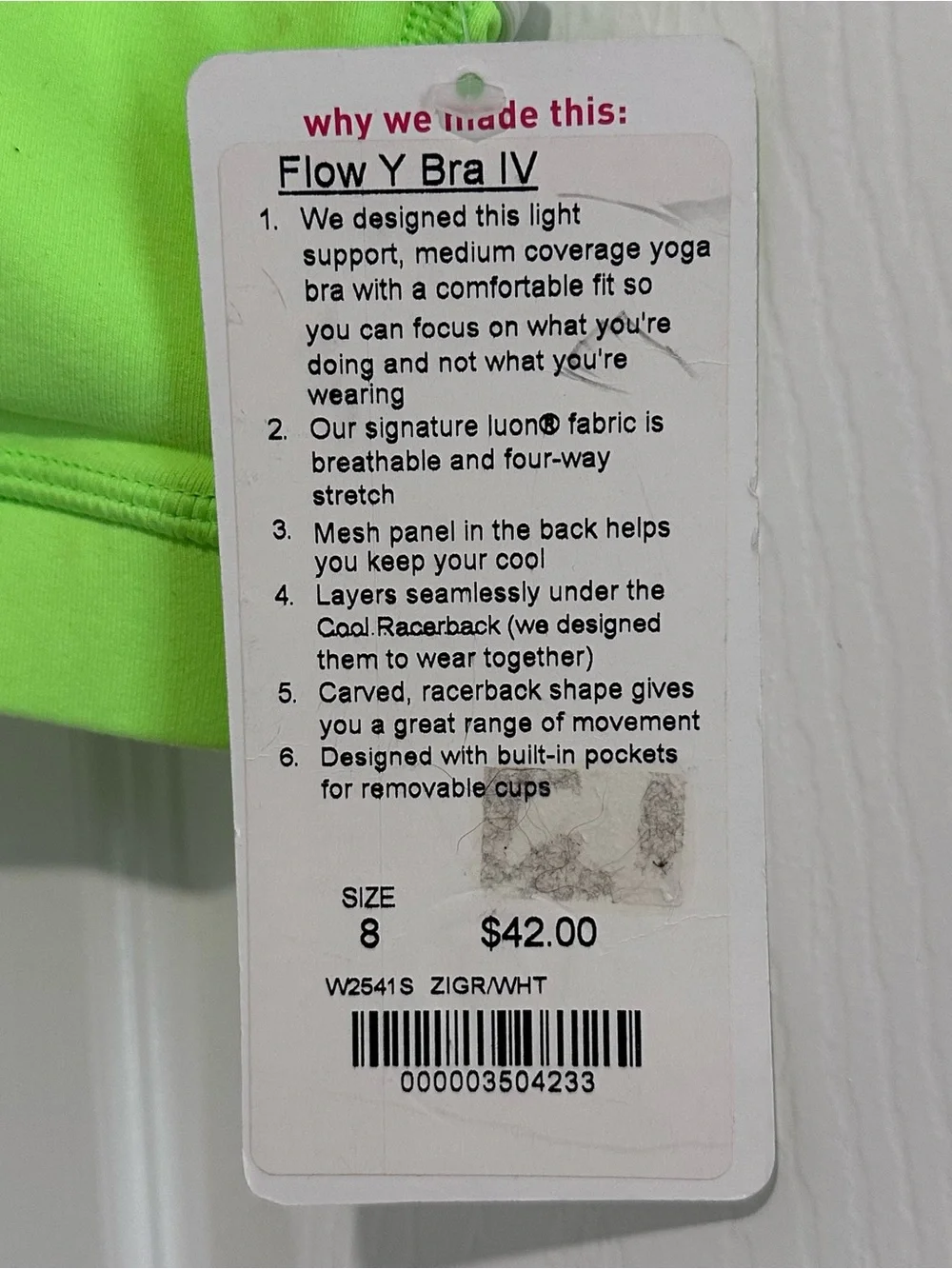 Lululemon Flow Y Bra IV Zippy Green/White Size 8-NWT